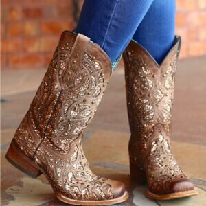 Corral Orix Glitter Inlay + Studded Brown Leather Western Boots Square Toe Sz 6